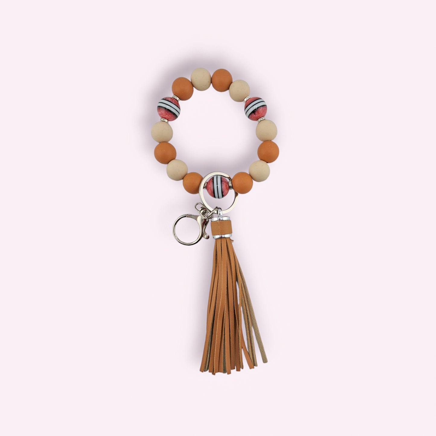 Bronze, Beige and Red Beads, Hands Free Wristlet Keychain with Tassel