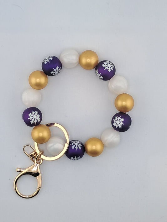 Christmas White, Blue, Snowflake Beads Hands Free Wristlet Keychain