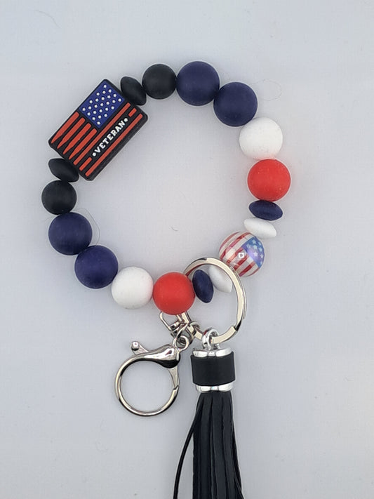 Military Air force Veteran with Solid Red, White and Blue Beads, with Tassel Hands Free Wristlet Keychain