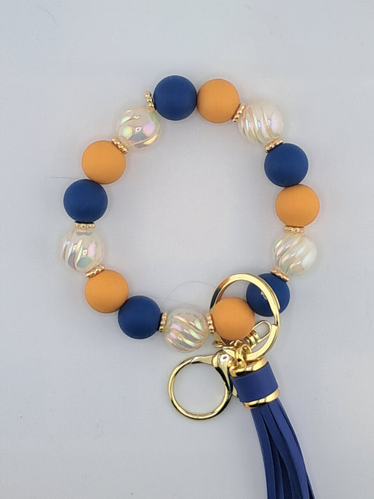 Bronze, Beige and Blue Beads, Hands Free Wristlet Keychain with Tassel.