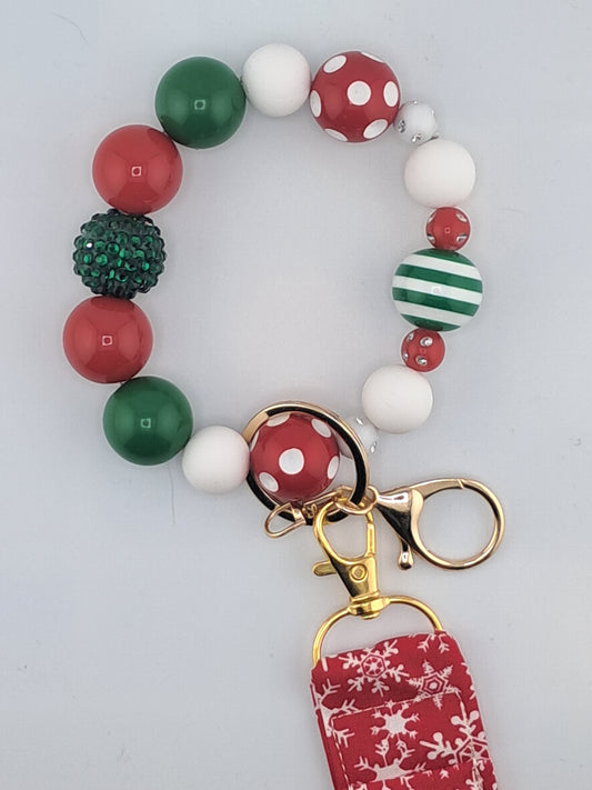 Christmas White, Red, Green Snowflake Bead with Lip Balm Holder Hands Free Wristlet Keychain