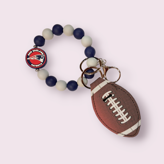 New England Patriots with Solid Blue, Gray, Hands Free Wristlet Keychain, Lip Balm Holder Holder