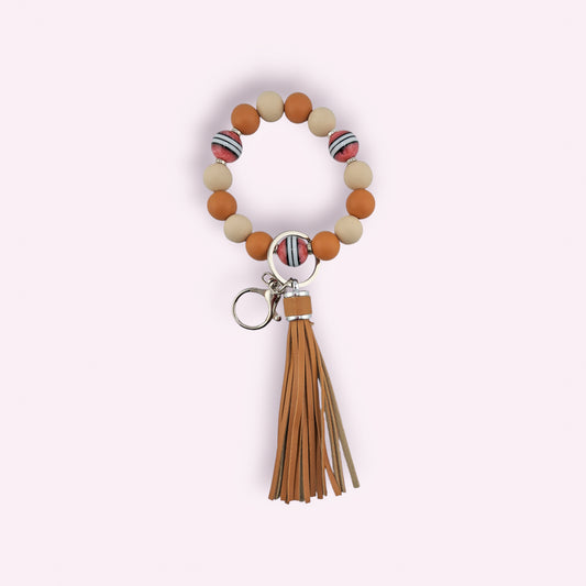 Bronze, Beige and Red Beads, Hands Free Wristlet Keychain with Tassel