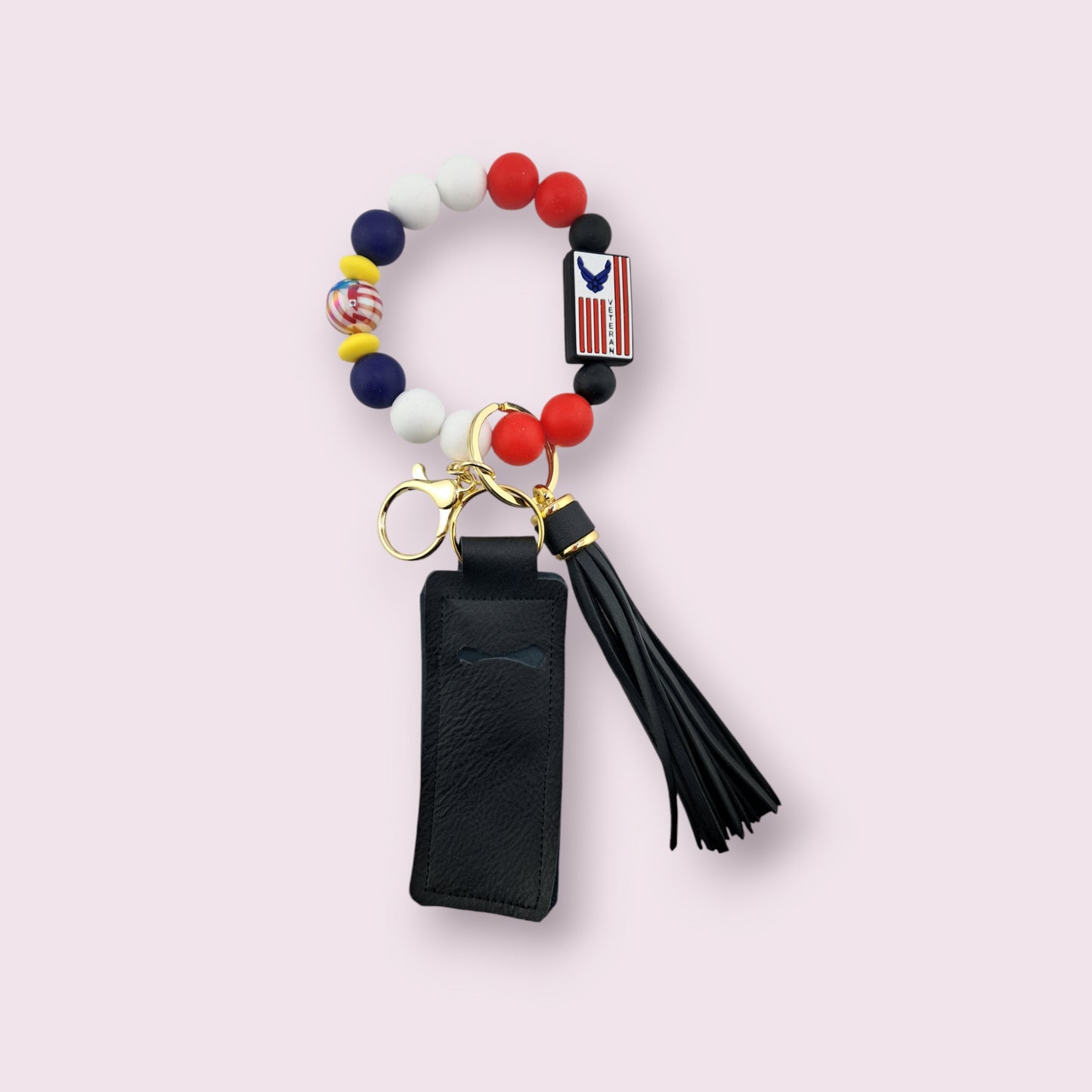 Military Air force Veteran with Solid Blue, Red, yellow Beads, Hands Free Wristlet Keychain, Lip Balm Holder