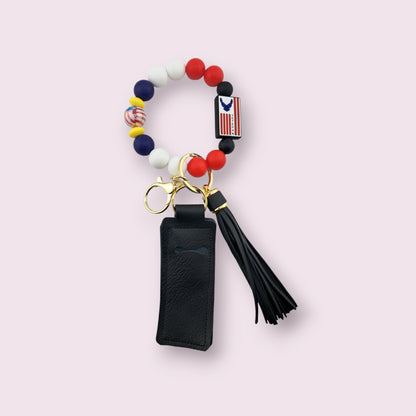Military Air force Veteran with Solid Blue, Red, yellow Beads, Hands Free Wristlet Keychain, Lip Balm Holder