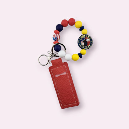 Military Veteran with Solid Blue, Red, yellow Beads, Hands Free Wristlet Keychain, Lip Balm Holder