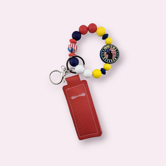 Military Veteran with Solid Blue, Red, yellow Beads, Hands Free Wristlet Keychain, Lip Balm Holder