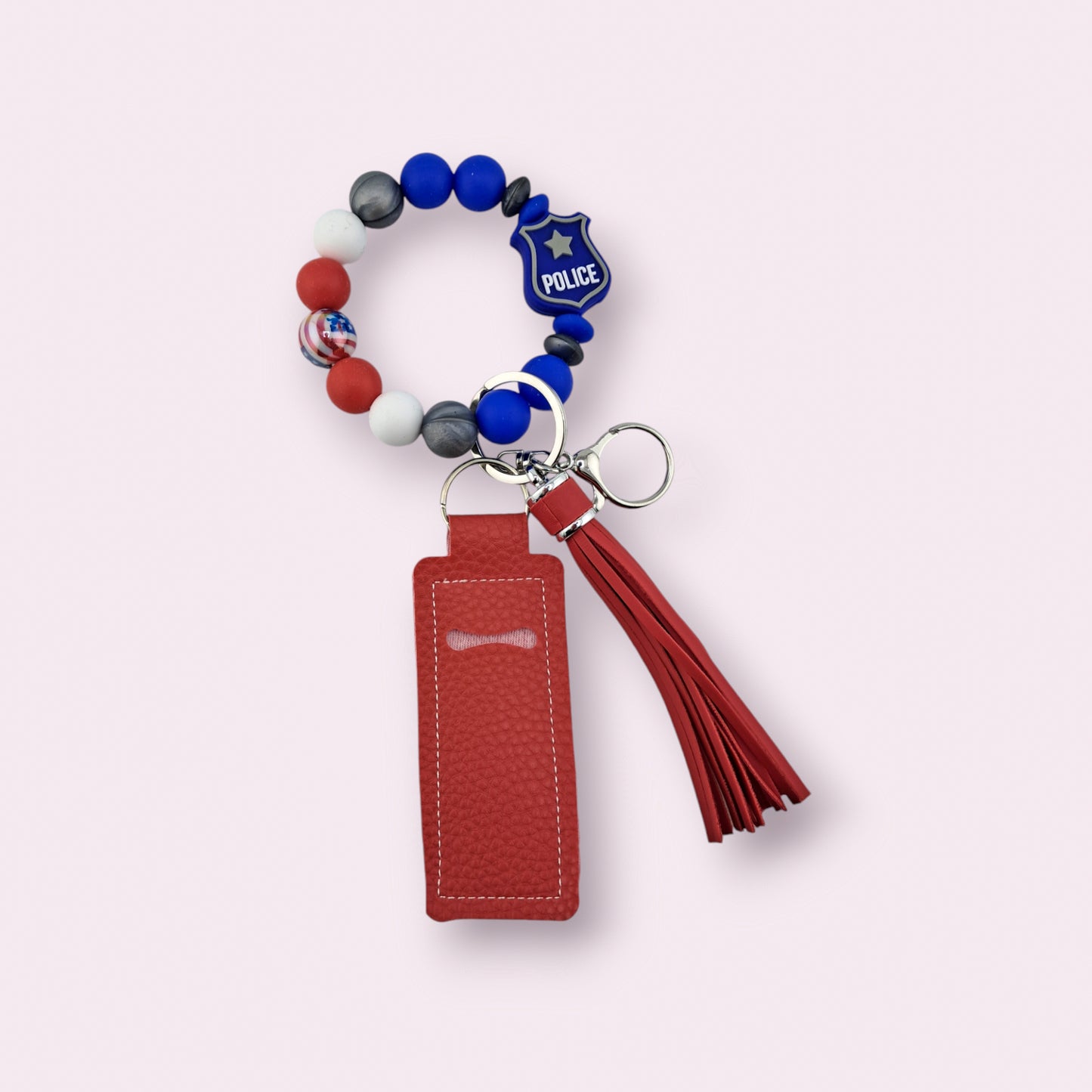 Police Occupation  with Solid Blue and Red Beads, Hands Free Wristlet Keychain with Tassel and Lip Balm Holder