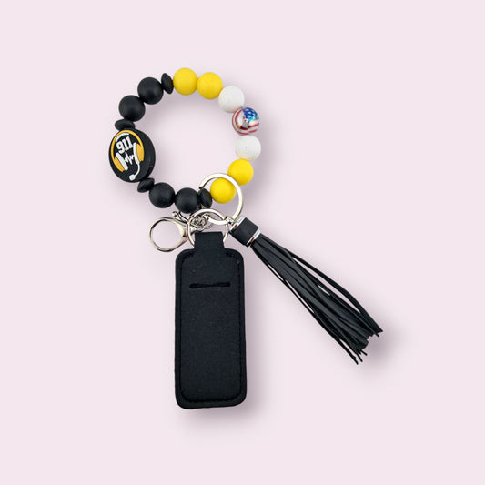 911 Dispatcher Occupation  with Solid Black and yellow Beads, Hands Free Wristlet Keychain with Tassel and Lip Balm Holder