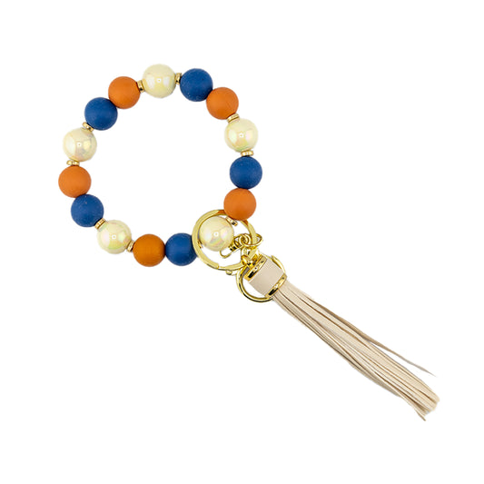 White, Blue and Golden Beads, Hands Free Wristlet Keychain with Tassel