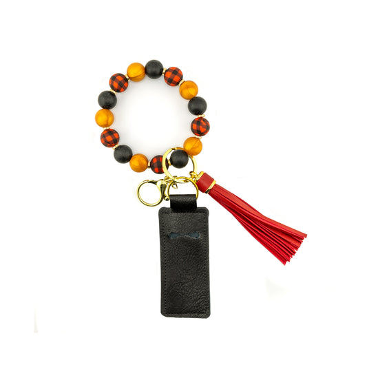 Red Buffalo Plaid with Solid Black and Gold Beads, Hands Free Wristlet Keychain with Tassel and Lip Balm Holder