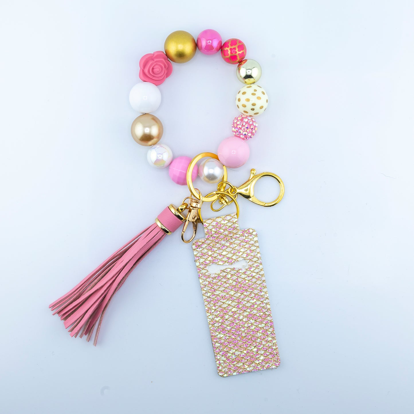 Elsbeth Limited edition Pink, White and Gold Beads, Hands Free Wristlet Keyring with Lip Balm Holder