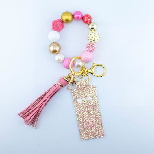 Elsbeth Limited edition Pink, White and Gold Beads, Hands Free Wristlet Keyring with Lip Balm Holder