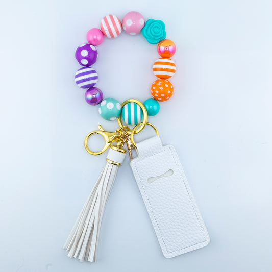 Elsbeth Limited Edition Pink and Purple Beads, Hands Free Wristlet Keyring with Tassel and Lip Balm holder