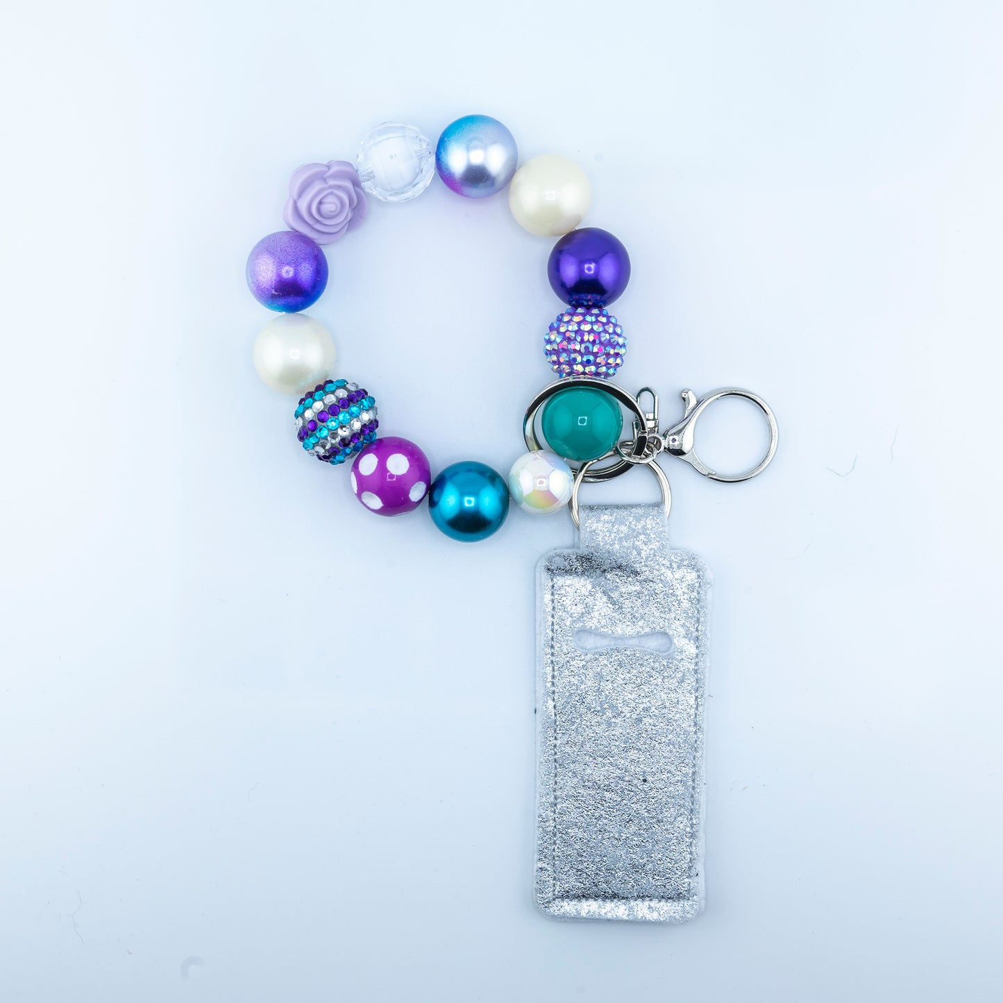 Elsbeth Limited Edition Purple and White Beads, Hands Free Wristlet Keyring with Lip Balm Holder