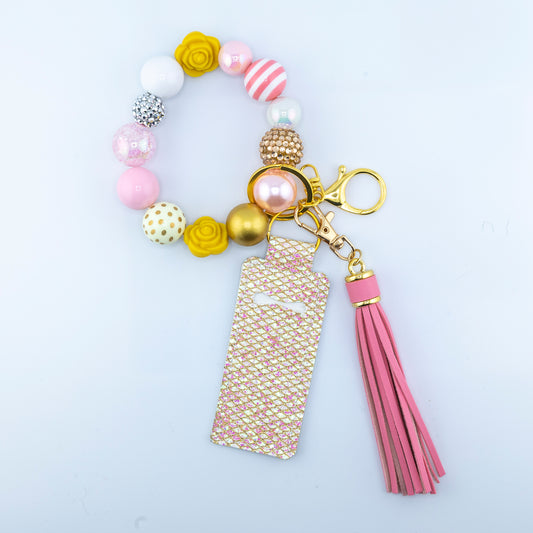 Elsbeth Limited Edition Pink and Yellow Beads, Hands Free Wristlet Keyring with Lip Balm Holder