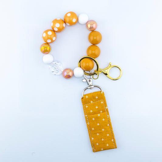 Elsbeth Limited Edition Golden Yellow and White Beads, Hands Free Wristlet Keyring with Lip Balm Holder